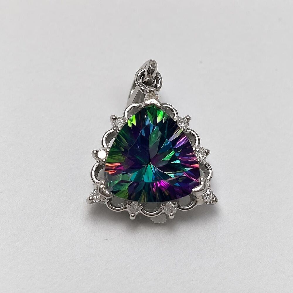 Mystic Topaz 9mm trillion Concave Gemstone Pendant 14kt White gold